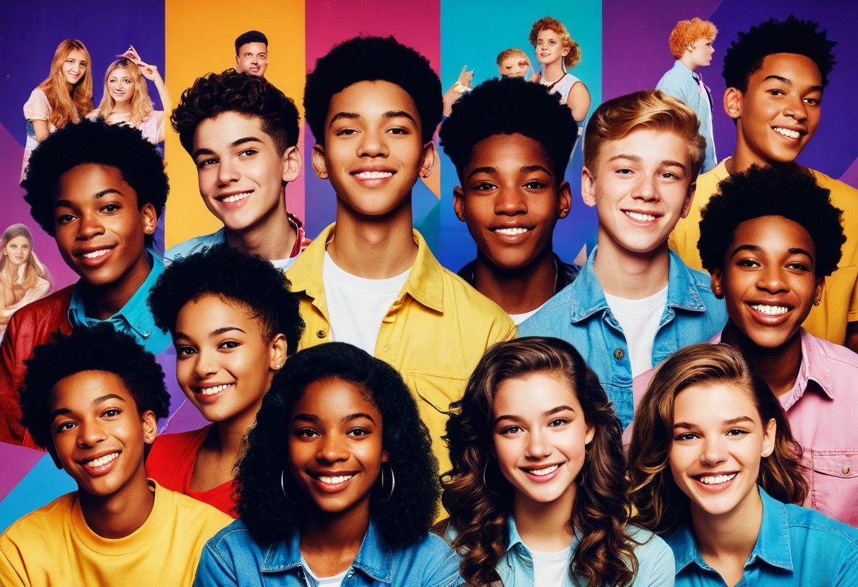 A vibrant collage of diverse teenagers engaged in various reality show scenarios, showcasing emotional expressions and candid moments. Include elements like bright lights, stage settings, and authentic interactions, reflecting their true selves beyond scripted drama. Encourage a sense of spontaneity and connection among the teens. retro-style illustration. vibrant colors. dynamic composition.