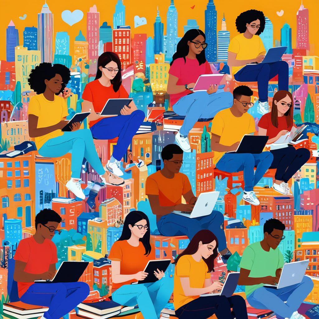 A vibrant collage depicting diverse teenagers engaged in various activities like studying, socializing, and facing challenges, set against a colorful city backdrop. Include elements of technology like smartphones and laptops, along with symbols of friendship and self-discovery, such as hearts and books. Capture the essence of growth and exploration with a warm, inviting atmosphere. cartoon style. bright colors. dynamic composition.