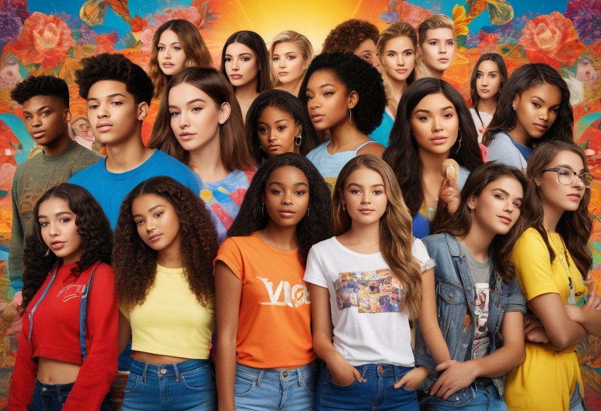 A vibrant collage of diverse teenagers engaging in various activities showcased in reality shows, spotlighting their authenticity and emotions. Include a backdrop of colorful screens displaying iconic moments from popular youth reality shows, surrounded by symbols of youth culture like music, fashion, and friendships. The overall composition should convey a sense of energy and connection among the teens. super-realistic. vibrant colors. 3D.